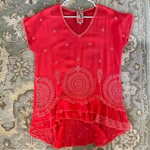 Johnny Was Red Eyelet Lace Shirt Top